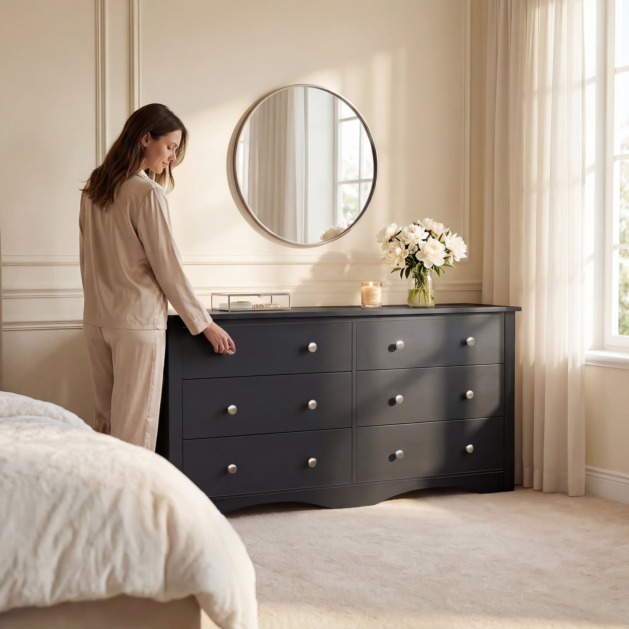 Homall 6 Drawer Dresser for Bedroom, Wood Double Chest of Drawers with Metal Handles, Wide Storage Cabinet Organizer for Living Room, Black