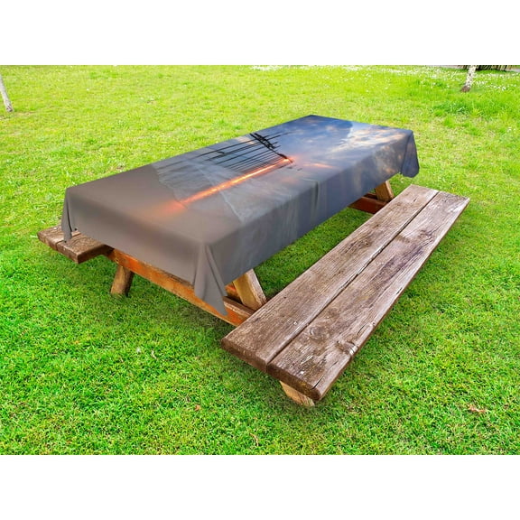 Landscape Outdoor Tablecloth, Sunbeams and Old Bridge at Pilai Beach Sunset Thailand Tropical Seascape Picture, Decorative Washable Fabric Picnic Tablecloth, 58 X 120 Inches, Gray Beige, by Ambesonne