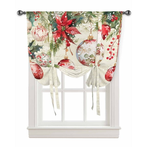 Red Christmas Balls Tie Up Curtains for Window, Xmas Poinsettia Snowflake Thermal Insulted Balloon Shade Adjustable Rod Pocket Curtains Valance Panels for Kitchen Bathroom Café 42 x 63