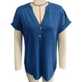 thumbnail image 1 of Top con botones y cuello en V para mujer, blusa holgada informal elegante de color liso, camisa de manga corta para trabajo de oficina, azul XXL, 1 of 3