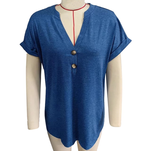Top con botones y cuello en V para mujer, blusa holgada informal elegante de color liso, camisa de manga corta para trabajo de oficina, azul XXL