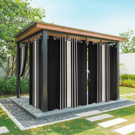 Outdoor Curtains for Patio Waterproof, Black Beige Striped Windproof Pravicy Outside Porch Blackout Curtain, Modern Farmhouse Retro Lines Sun Blocking Grommets Curtains for Cabana 2 Panels 54"x108"
