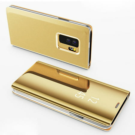 For Samsung Galaxy S9 Gold Translucent Mirror View Hard Plastic Flip Folio Cover Electroplate Stand Protective Bumper
