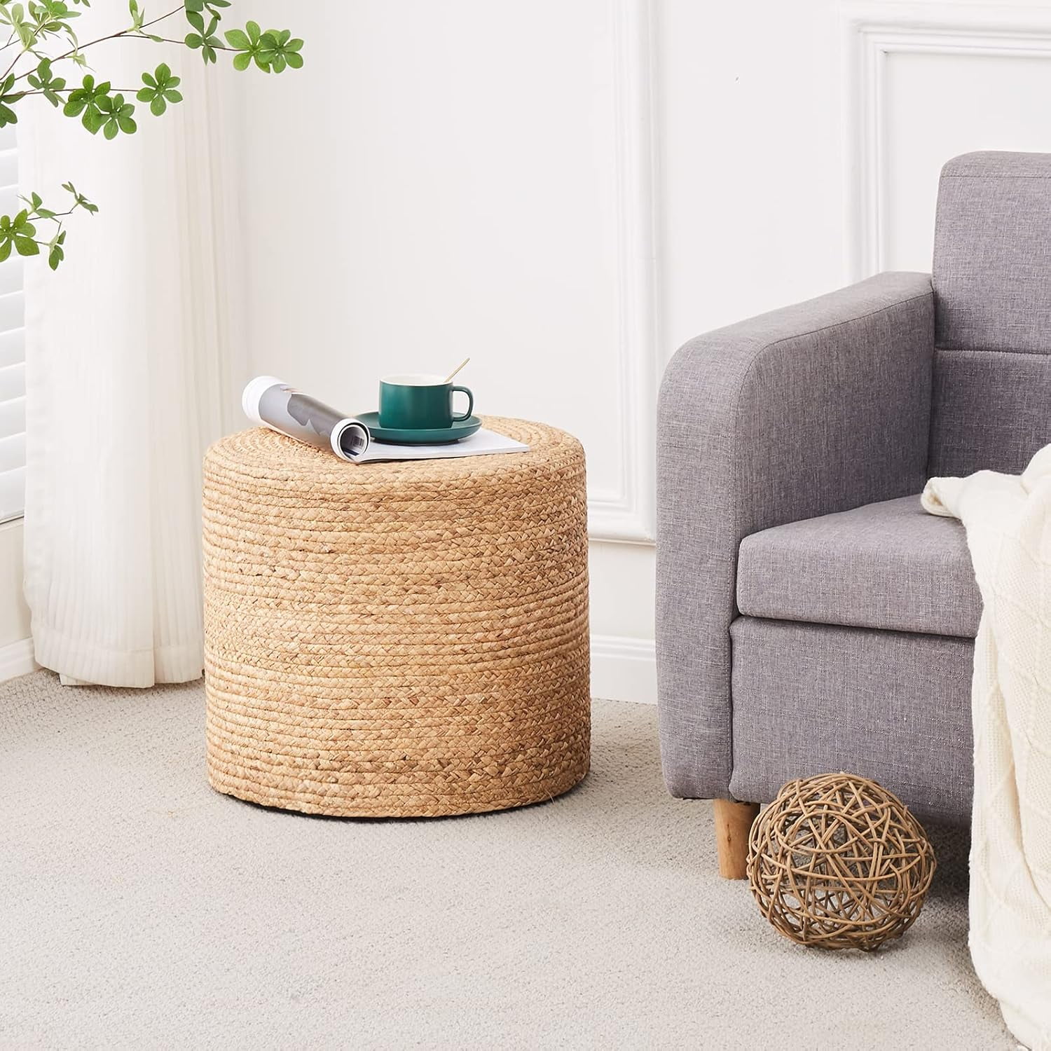 Handwoven Cattail Pouf Ottoman, Lightweight Durable Natural Jute Footrest, Versatile Vanity Stool Shoe Bench for Balcony Garden Living Room