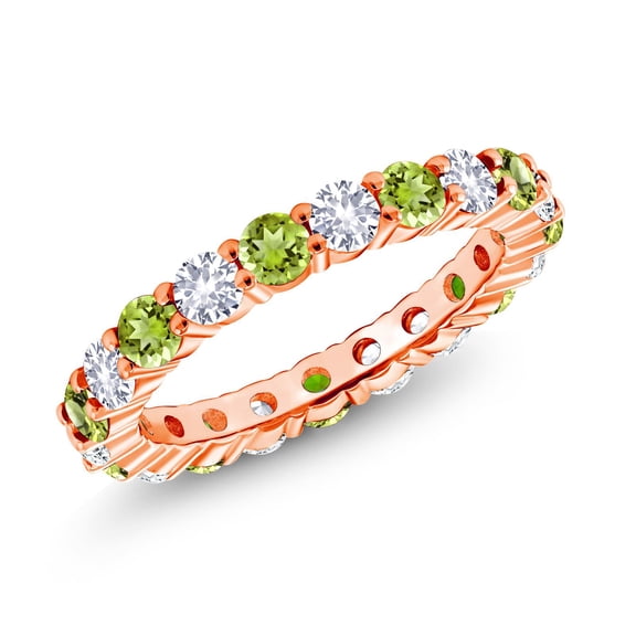 Gem Stone King 1.20 Ct Round Green Peridot and White Created Sapphire 18K Rose Gold Plated Silver Eternity Band Ring (Size 9)