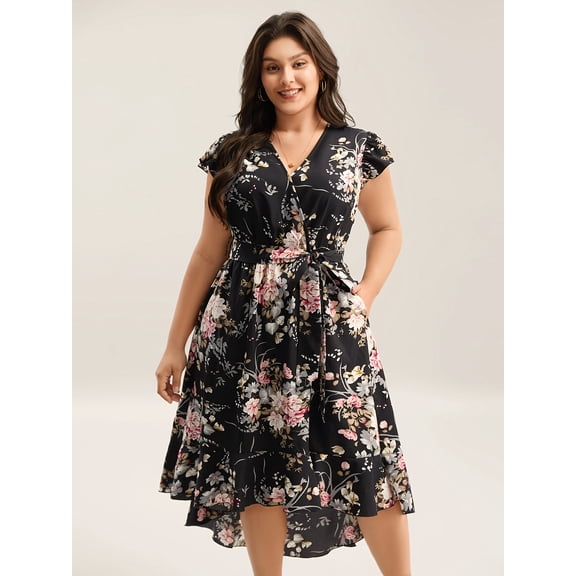 Women's Ruffle Short Sleeve V-Neck High Low Maxi Dress, Pleated Front Flowly Casual Shift Dress with Side Pockets