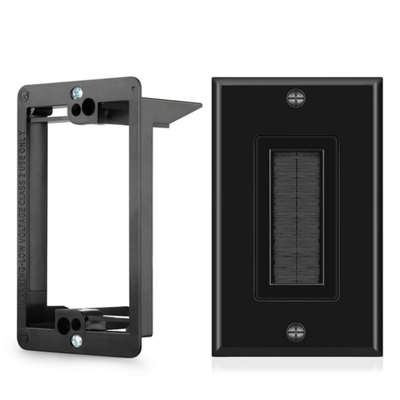 Brush Wall Plate with Mounting Bracket Kit Single Gang Cable Entry Access Brush Bristles Style Strap Opening Port Insert Socket Wiring Plug Jack Decorative Face Cover Outlet Mount Panel (Black)