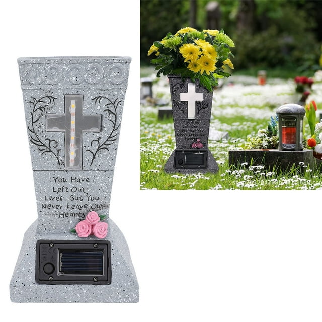Lápida Solar Cementerio Tumba Florero Resina Lápida Florero Con Estaca De Tierra LED De Drenaje Ajustable Para Flores