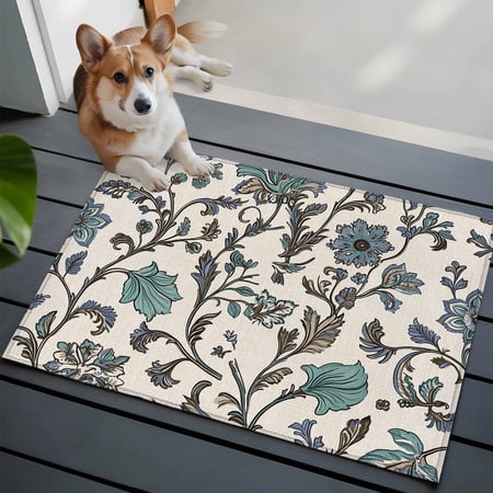 Vintage Blue Floral Washable Area Rug 2x3 Farmhouse Indian Flower Ethnic Pastoral Low-Profile Area Rugs with Non Slip Backing Indoor Floor Carpet for Entrance Living Room Bedroom Home Office