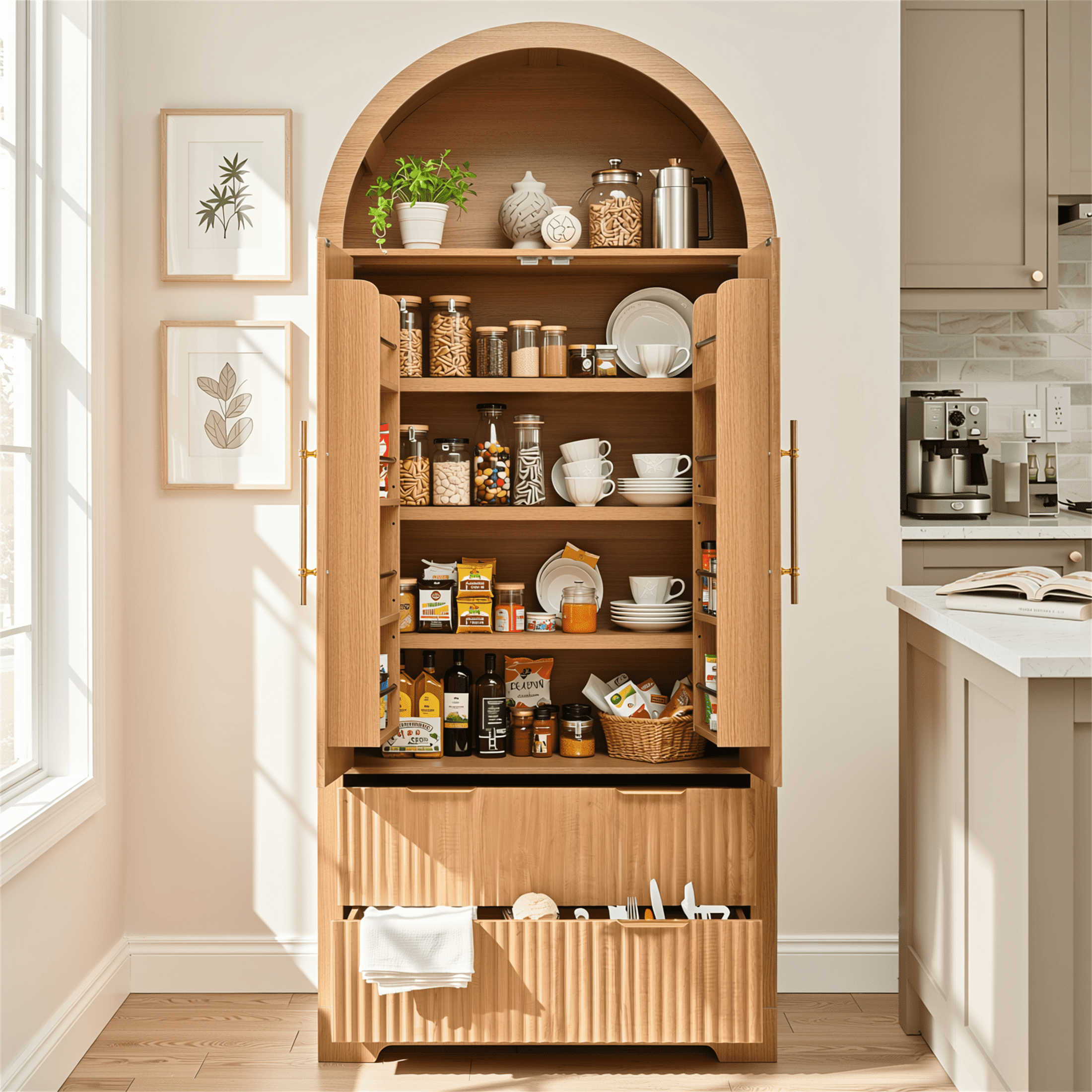 Homy Casa 72" Tall Kitchen Pantry Cabinet with Fluted Doors, 8 Door Racks and 2 Drawers, Natural