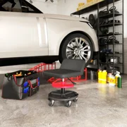 Rolling Creeper Garage Stool, 300 lb Capacity Mechanic Stool with 360° Wheels, Tool Tray & Adjustable Height – Red
