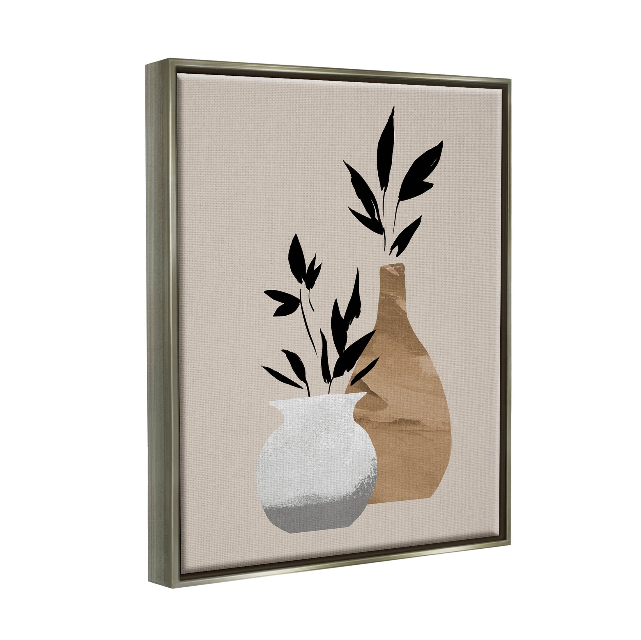 Stupell Industries Contemporary Leaf Sprig Vases Graphic Art Luster Gray Floating Framed Canvas Print Wall Art, Design by Jacob Green