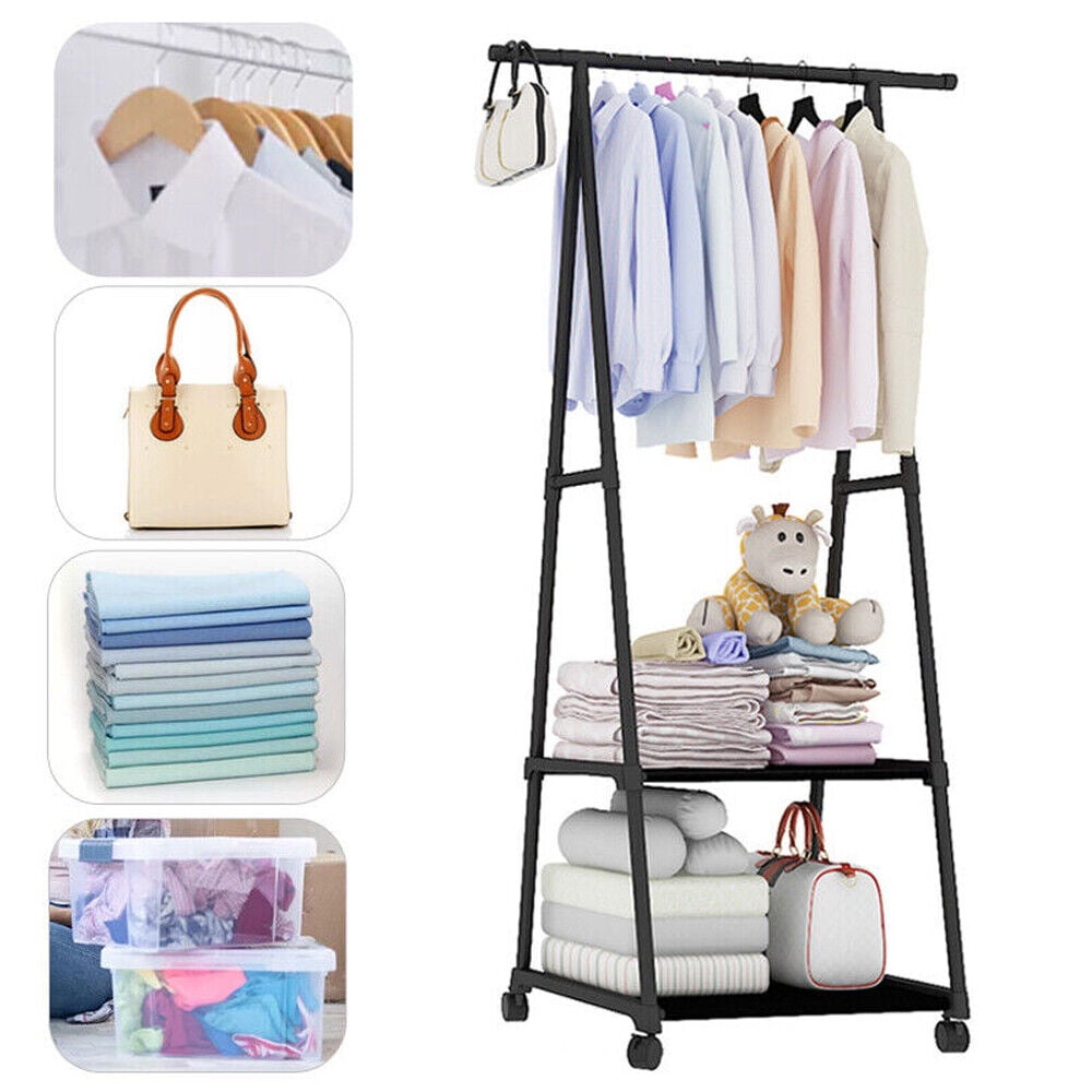Clothes Rack 2 Tier on Wheels, Rolling Garment Rack w/Storage Shelves, Coat Hanging Rack for