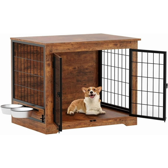 Sunvasagoo 32" Brown Dog Crate Furniture, Dual Door Kennel with Rotating Bowls
