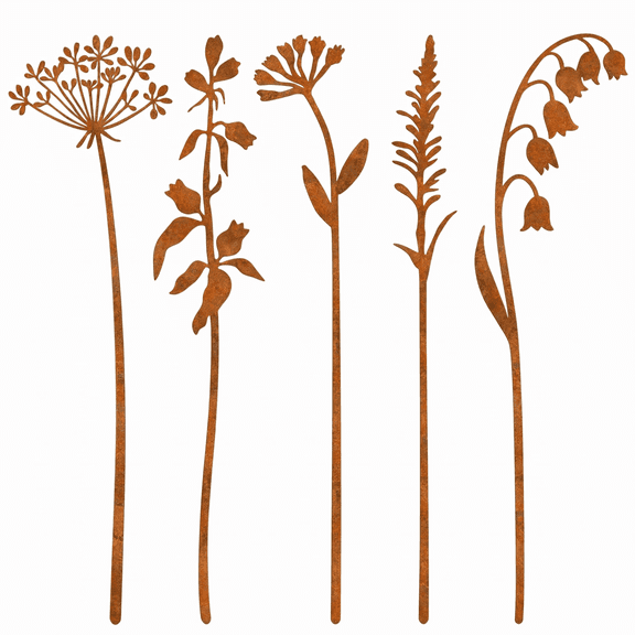 Rustic Metal Flower Garden Stakes, Decorative Yard Art Plant Stakes, Outdoor Flower Bed Lawn Walkway Patio Decor, 5Pack
