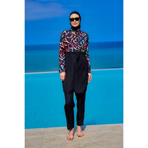 Black Full Coverage Swimsuit Set For Women R2507