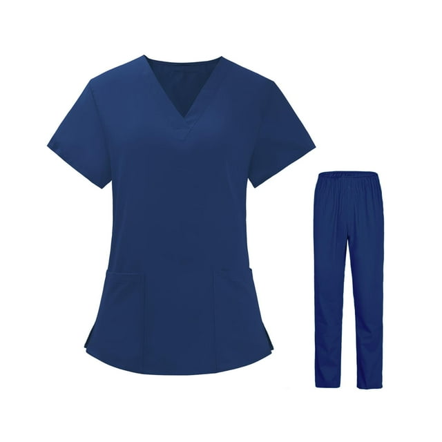 Conjunto de pantalones sueltos con camiseta de uniforme de enfermera para mujer con bolsillos Azul SG