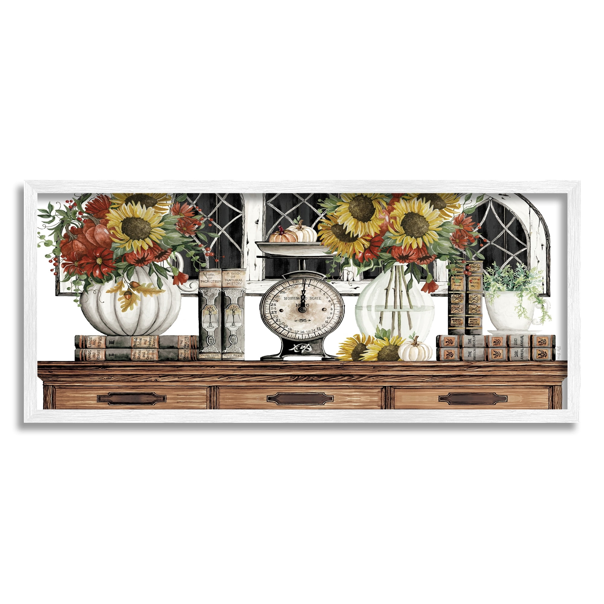 Stupell Industries Sunflowers Atop Antique Furniture Vintage Scale Books Painting White Framed Art Print Wall Art, Design by Cindy Jacobs