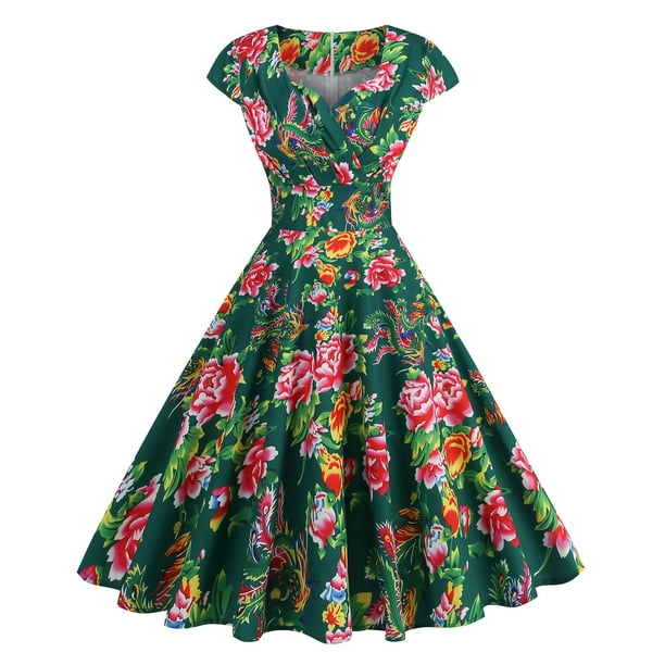 WILLBEST Vestidos Casuales para Mujer Verano Vestido de Fiesta Informal con Cuello En V y Manga Corta de Los Años 50 para Mujer Extra Grande