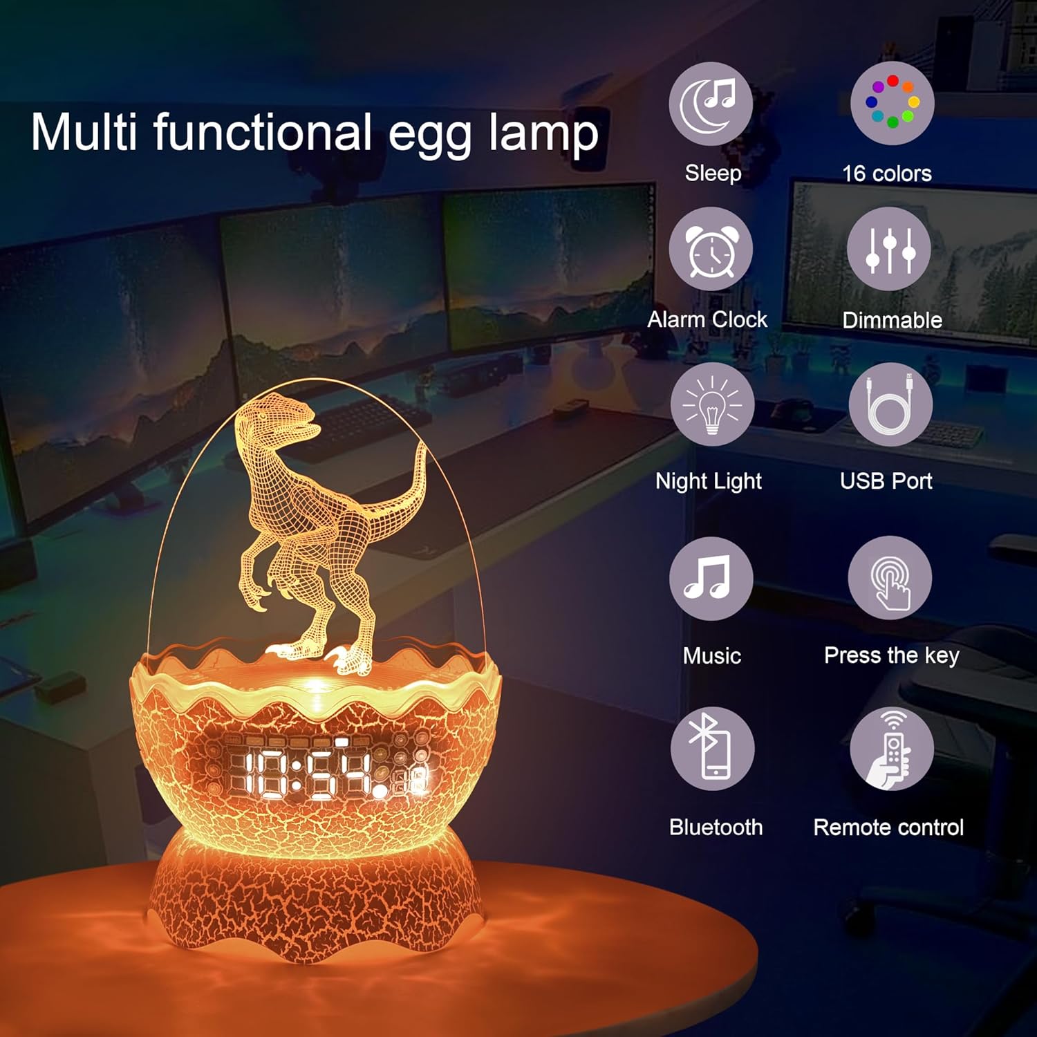 New Dinosaur Egg Clock Dinosaur Night Light Kid's Room Decoration Clock, Remote Control Multi Colors & Music Voice, Cool Dinosaur Decor & Gift Ideal for Kids/Adults