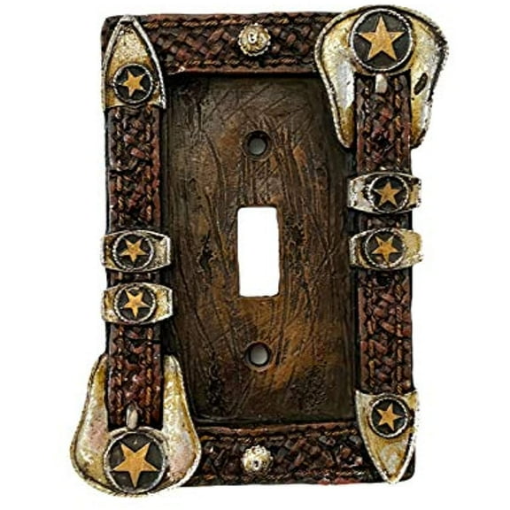 Urbalabs Western Belt Buckle and Gold Star Decorative Light Switch Outlet Wall Plate Covers Country Home Rustic Light Switch Covers Single Double 2 Gang Switch Plates (Single Switch)
