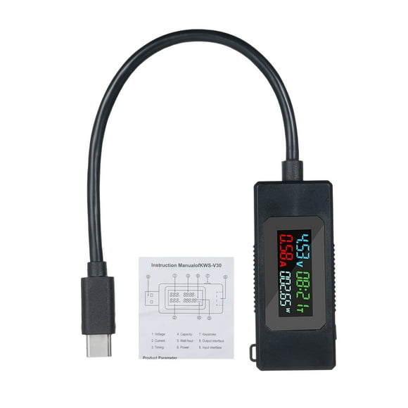 USB-C Voltage Tester Meter Type-C Voltage and Current Tester Meter 4-30V 0-6.5A 195W Type-C USB Charger Voltmeter with Color LCD Display