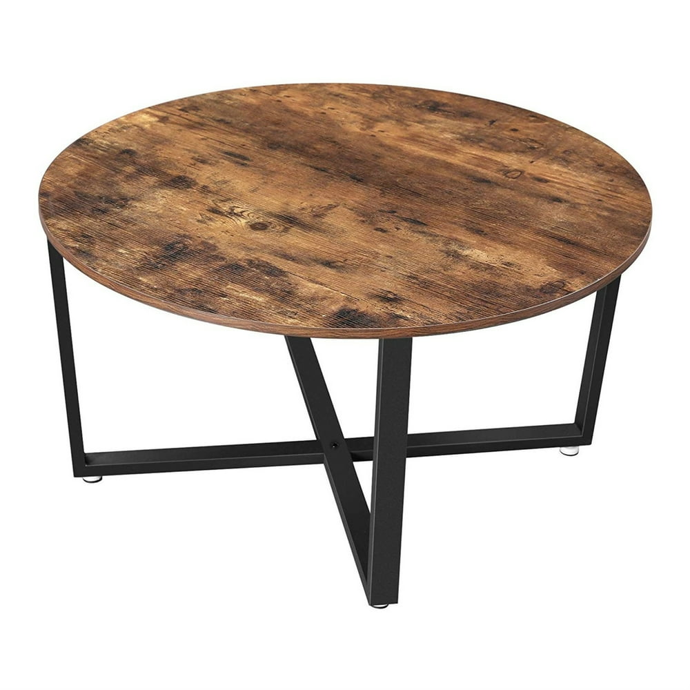 Round Wood Top Metal Frame Coffee Table with Tubular Legs, Brown and