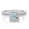 thumbnail image 2 of Gem Stone King 1.06 Cttw Princess Sky Blue Aquamarine and White Moissanite Wedding Engagement Band Bridal Set Ring for Women | 925 Sterling Silver | Available in Size 5, 6, 7, 8, 9, 2 of 5