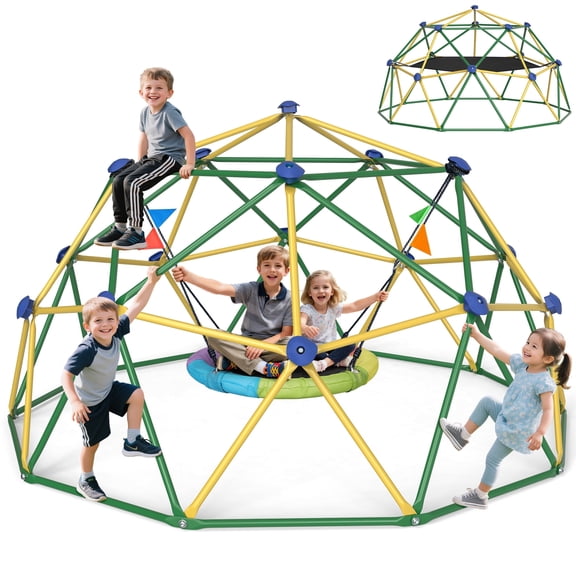 GIKPAL Climbing Dome, 10FT Dome Climber with Hammock & Swing Set for Kids Outdoor Play Equipment, Supports up to 1000lbs Jungle Gym, Anti-Rust, Easy Assembly,Yellow Green