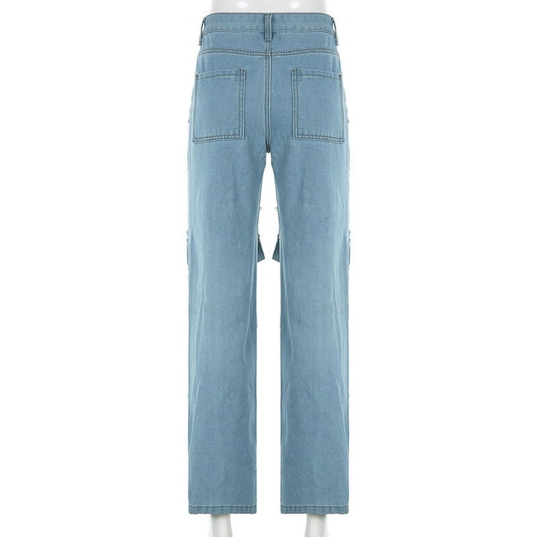 YYDGH Women Cargo Pants Ripped Boyfriend Jeans High Waist Baggy Plus Size  Aesthetics Wide Leg Denim Pants Distressed Y2K Streetwear Blue M 