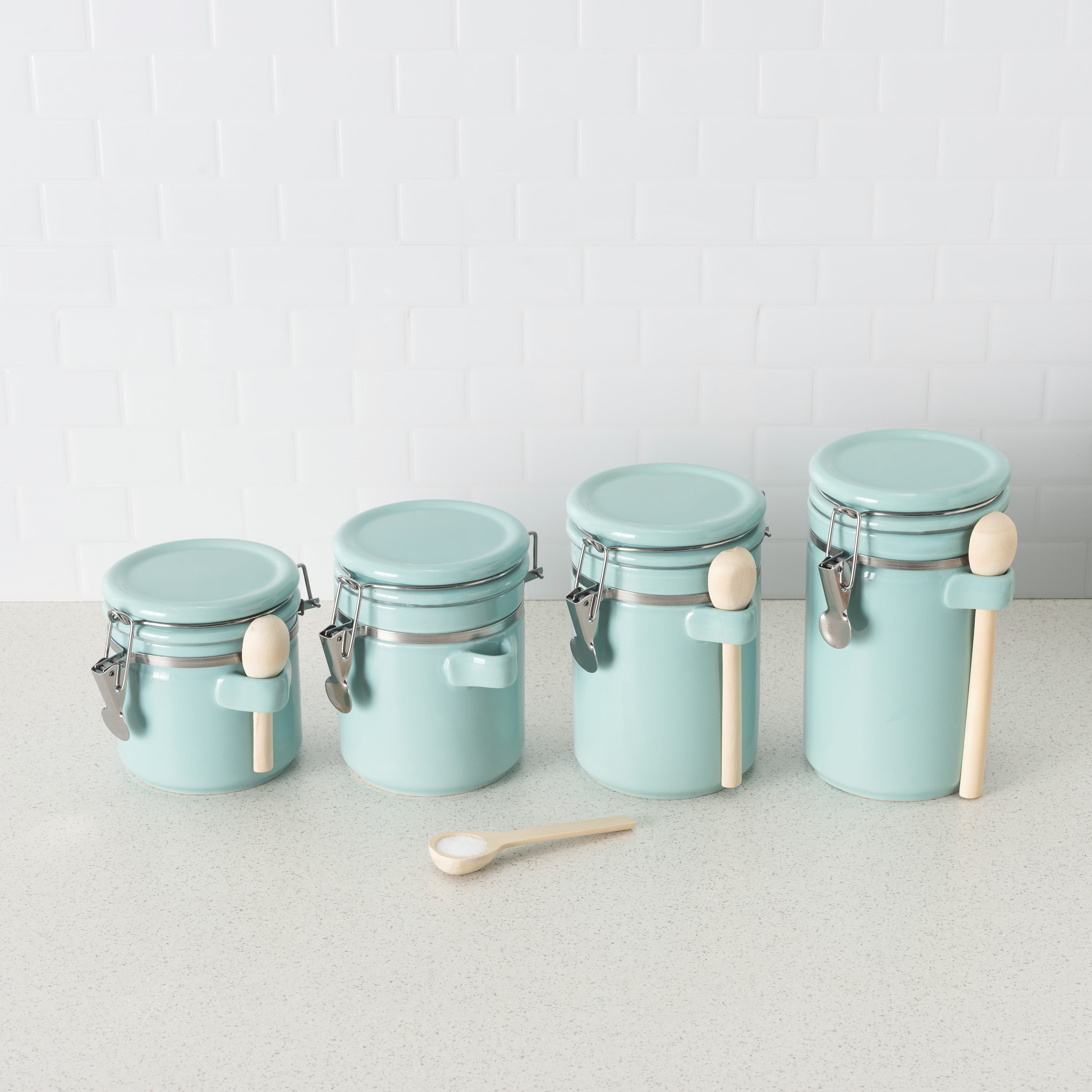 Home Intuition Ceramic Kitchen Canisters Set of 4 with Wooden Spoon Set –  Airtight Containers, Metal Latches for Utmost Freshness – Sugar, Coffee,  Flour, Tea & More