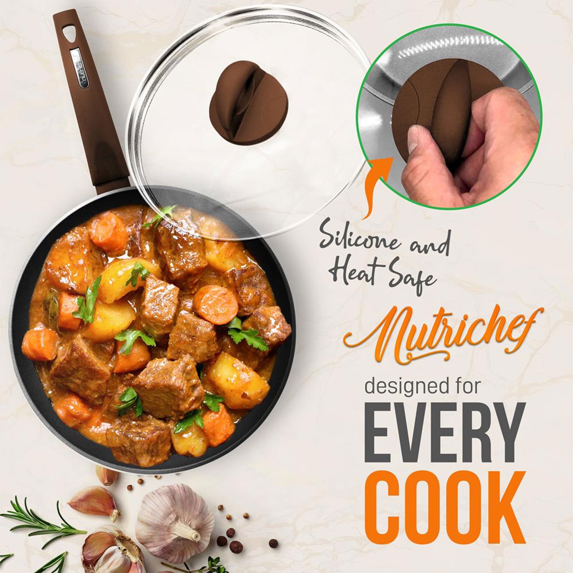 NutriChef 12 Piece Kitchenware Pots & Pans Set - Stylish Kitchen Cookware, Non-Stick Coating Inside & Outside + Heat resistant Lacquer Outside, Coffee Inside and Brown Outside
