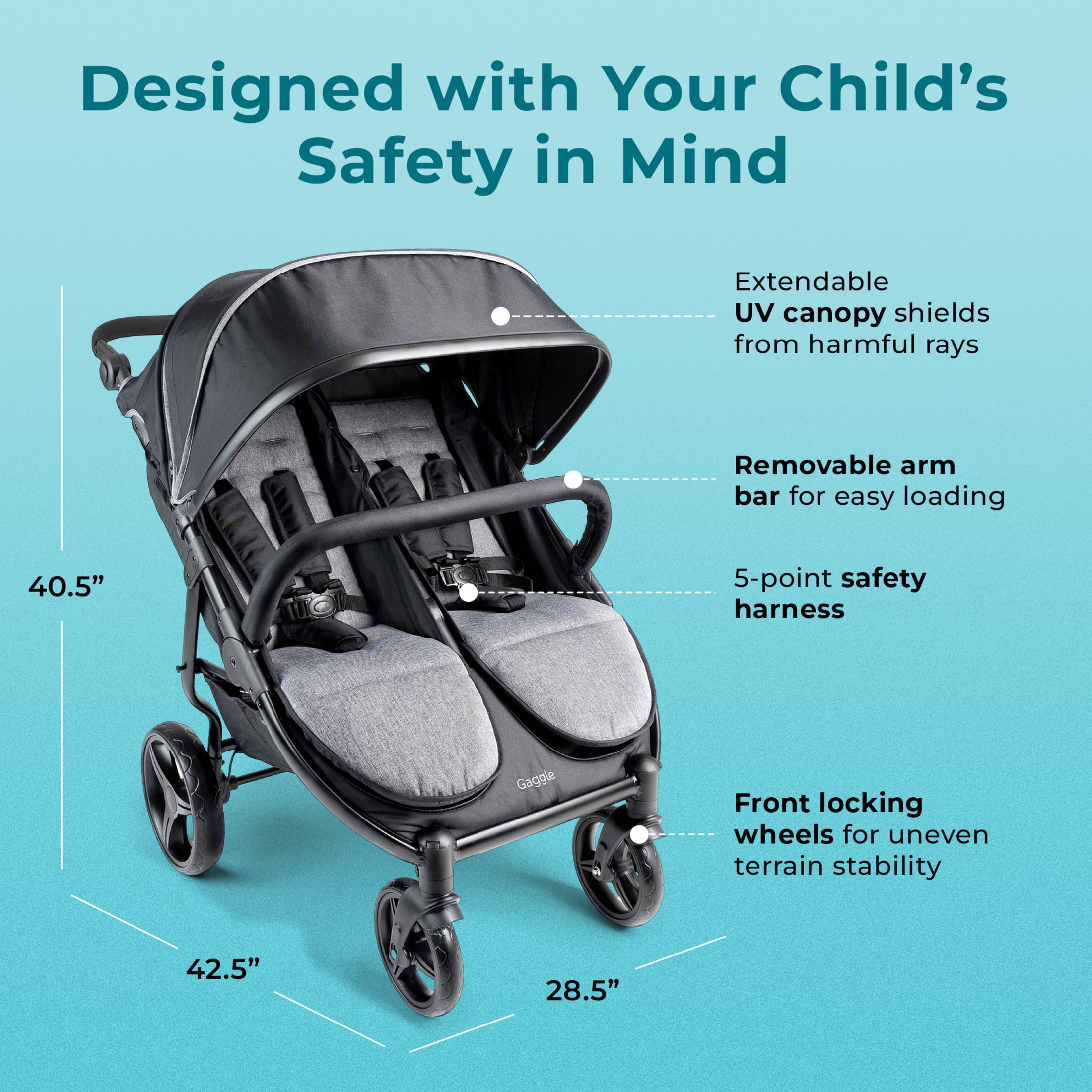 Foundations Gaggle Roadster Duo Side-by-Side Double Lightweight Stroller, Reclining Seats with Canopy, Black