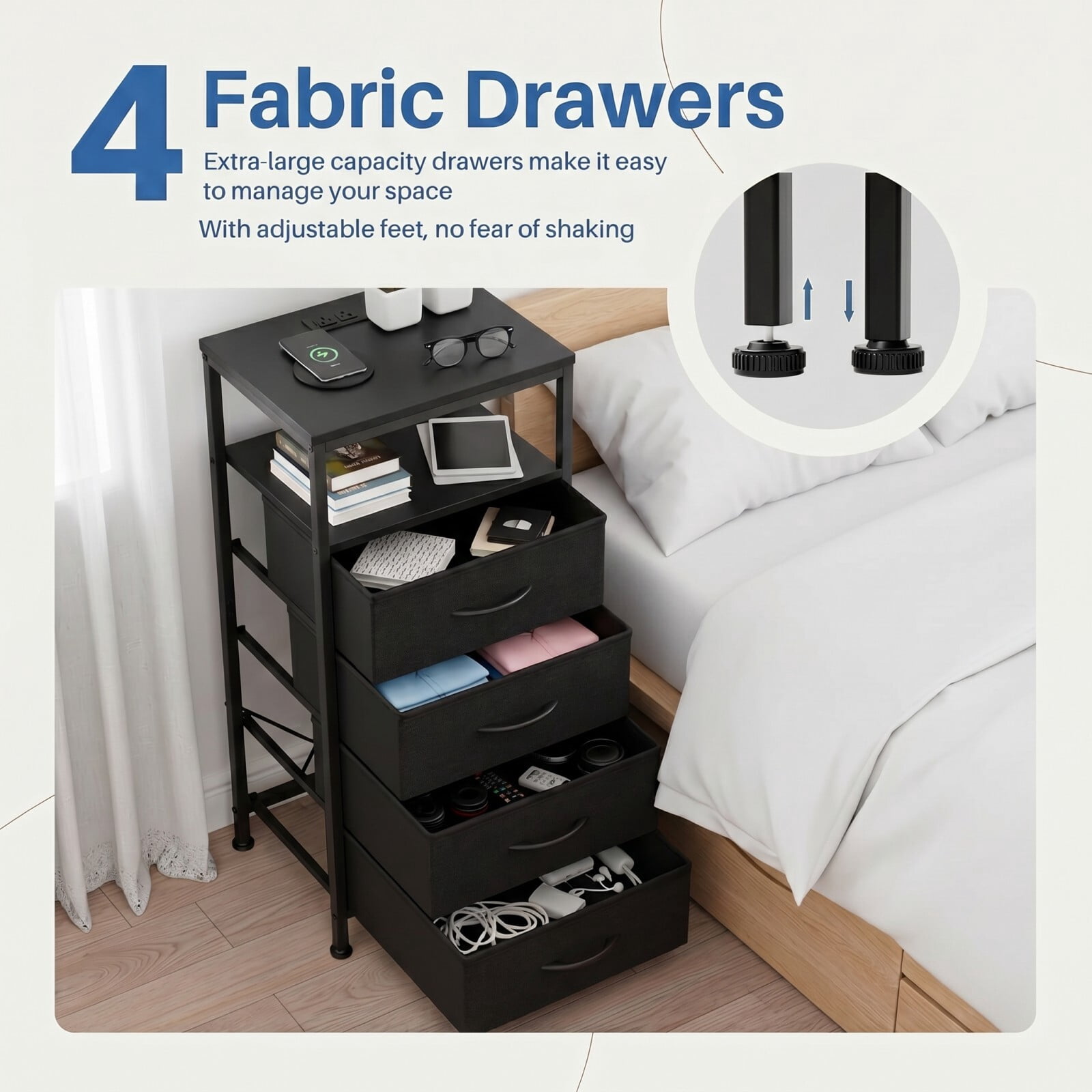 Kelno 4-Drawer Nightstand with Charging Station AC Outlets LED Light Dresser Bedside Table, Black