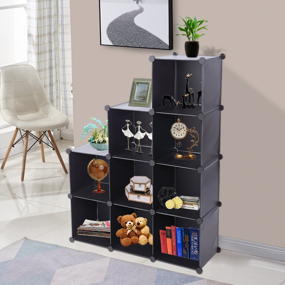 Private Jungle 9-Cube Closet Organizer with Doors, DIY Plastic Storage Cubes Organizer, Modular Storage Cabinet Book Shelf Shelving for Bedroom, Living Room, Office Black