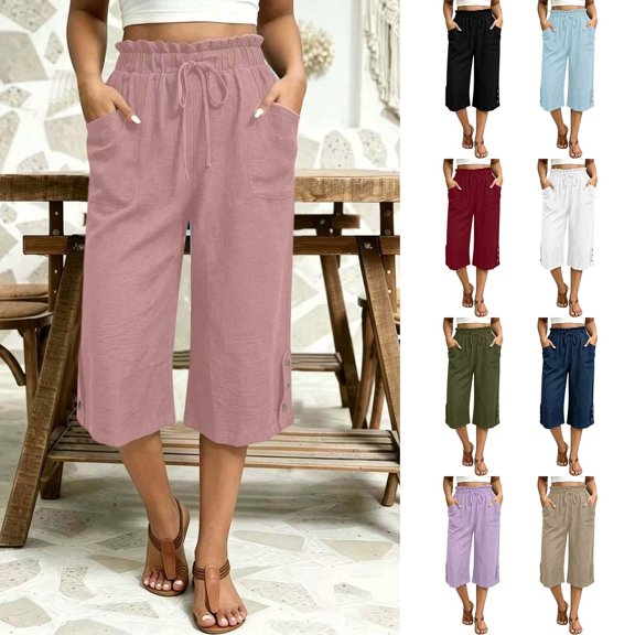 Women's Solid Color Elastic Drawstring Waist 3/4 Capri Yoga Pants, Polyester Elastane Loose Pocket Trousers S-XXL, Breathable Bottoms for Beach Daily | TruHer,Army Green L