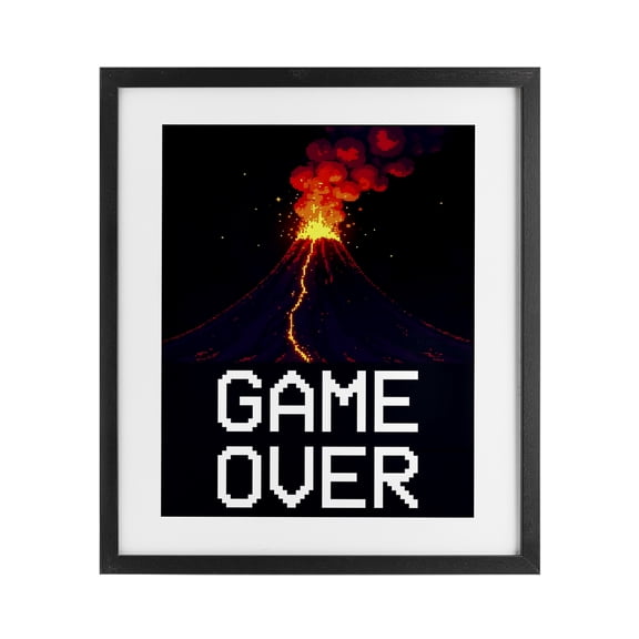 Pixel Volcano Game Over Black Framed Print Under Glass, design by Kim Allen