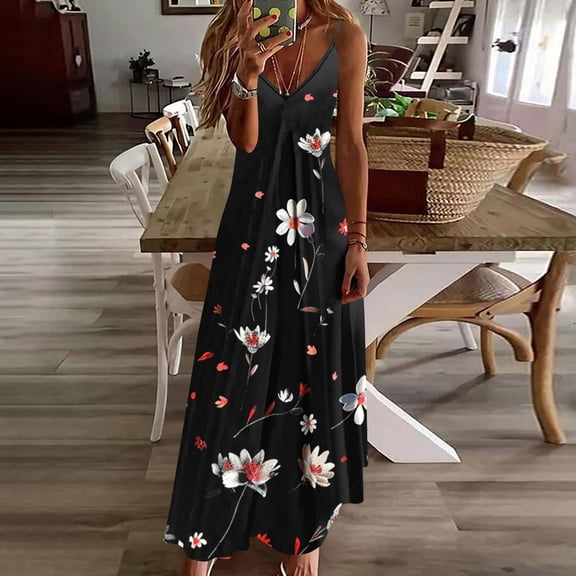 Gamivast Slip Dress for Women Casual V Neck Sleeveless Spaghetti Strap Flowy Maxi Dress Floral Print Summer Dresses Bohemian Style Beach Vacation Sundress
