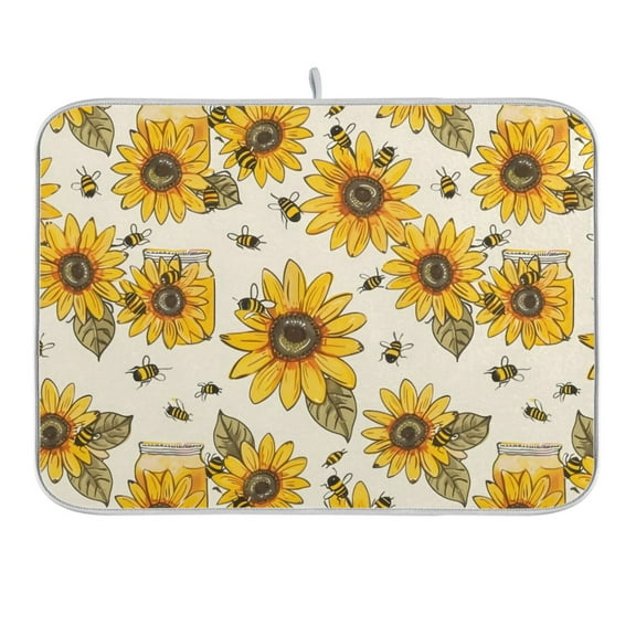 Sunflowers Honey Bee Dish Drying Mat 16x18 Absorbent Microfiber Draining Rack Pad for Kitchen Counter Sink
