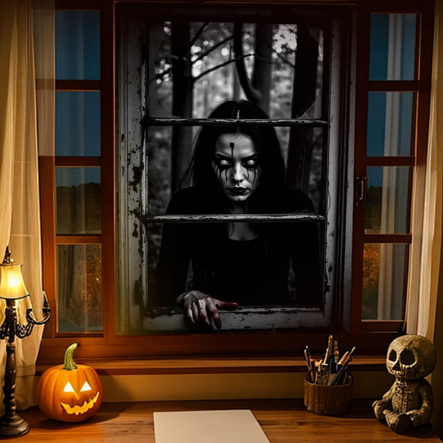 Calcomanía de Ventana de Fantasma de Halloween, Cortina de Puerta, Mujer Aterradora, Decoración de Fiesta para Colgar En La Ventana
