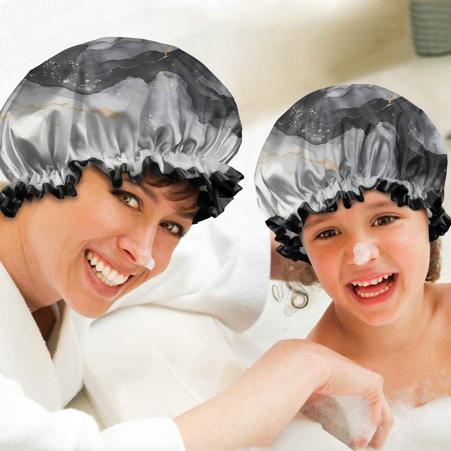 Shower Caps,Black White Gold Marble Pattern Waterproof Shower Cap for Women 4 Pieces,Double Reusable Hair Cover for Shower PEVA Elastic Stretch Hem