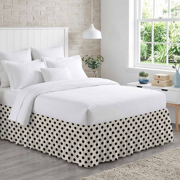 Bed Skirt Black White Polka Dots Adjustable Elastic Wrap-Around Dust Ruffle with Cute Solid Color Linen 16 Inch Drop, Bed Frame Cover for Queen Size Bed