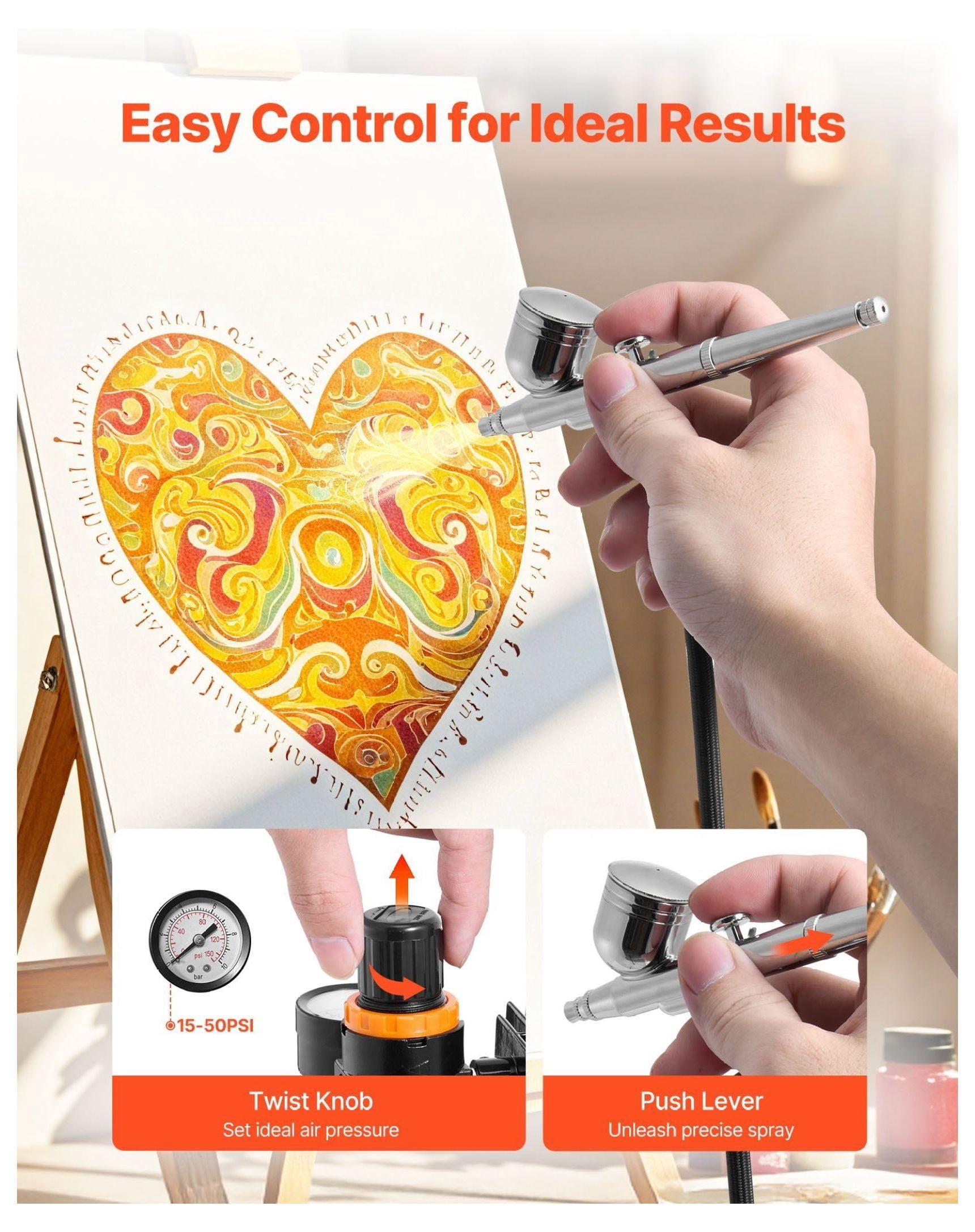 Airbrush Kit with Compressor, 1/6 HP - 3 Dual-Action Airbrushes, 3 Nozzles, Paint, for Cake Decorating, Model Painting, Nail Art