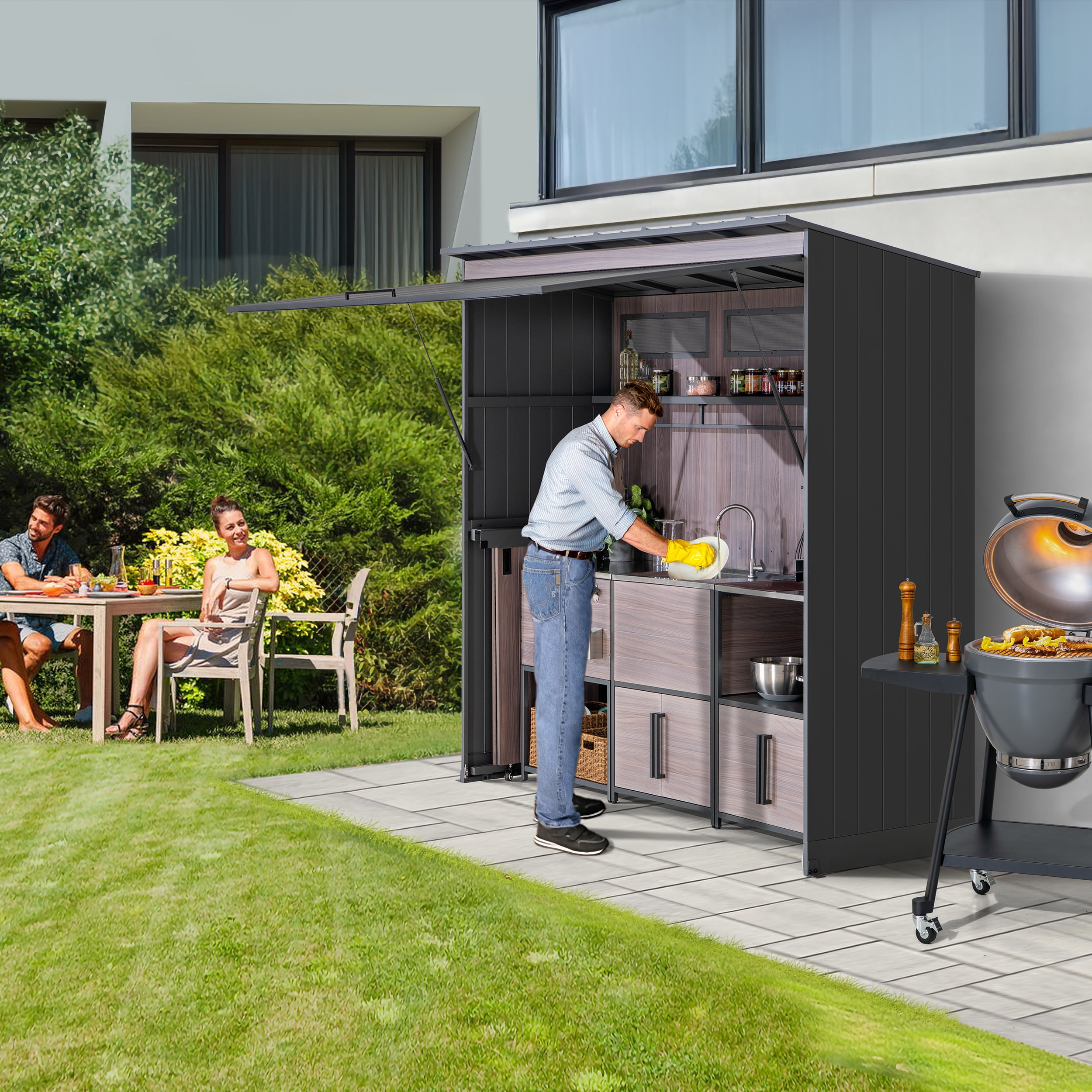Sunjoy Outdoor Kitchen, 4-Pieces Grill Kitchen with Sink, Open Storage Shelf and Island Counter