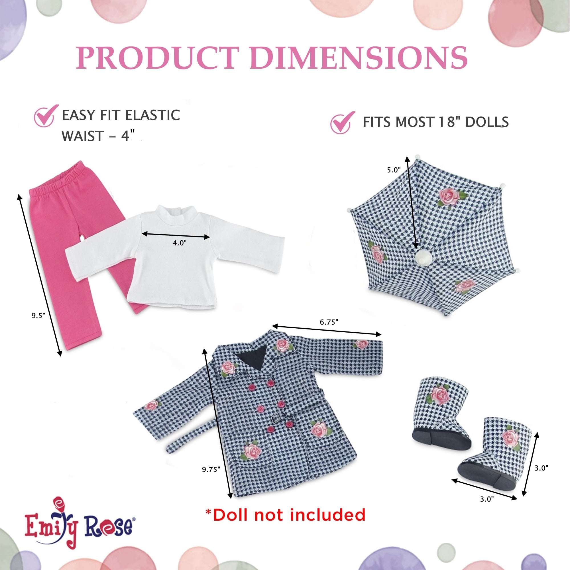 Emi1y Rose 18 Inch Doll Clothes | Lovely 5-Piece 18" Doll Raincoat Outfit, Including Matching Doll Rain Boots and Working Umbrella | Fits American Girl Dolls