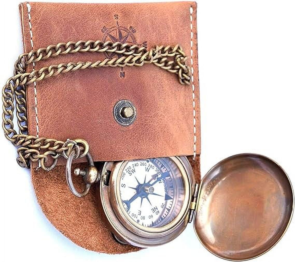 Handmade Nautical Brass Push Open Compass On Chain with Leather Case Pocket Compass Gift Compass Rustic Vintage Home Decor Gifts