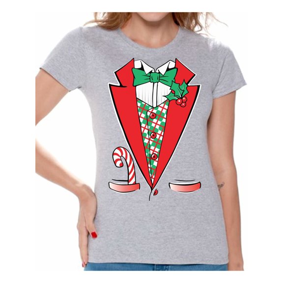 Awkward Styles Christmas Tuxedo Shirt for Women Xmas Funny Tuxedo Shirt for Ladies Christmas Holiday Costume T-Shirt Christmas Party Shirt