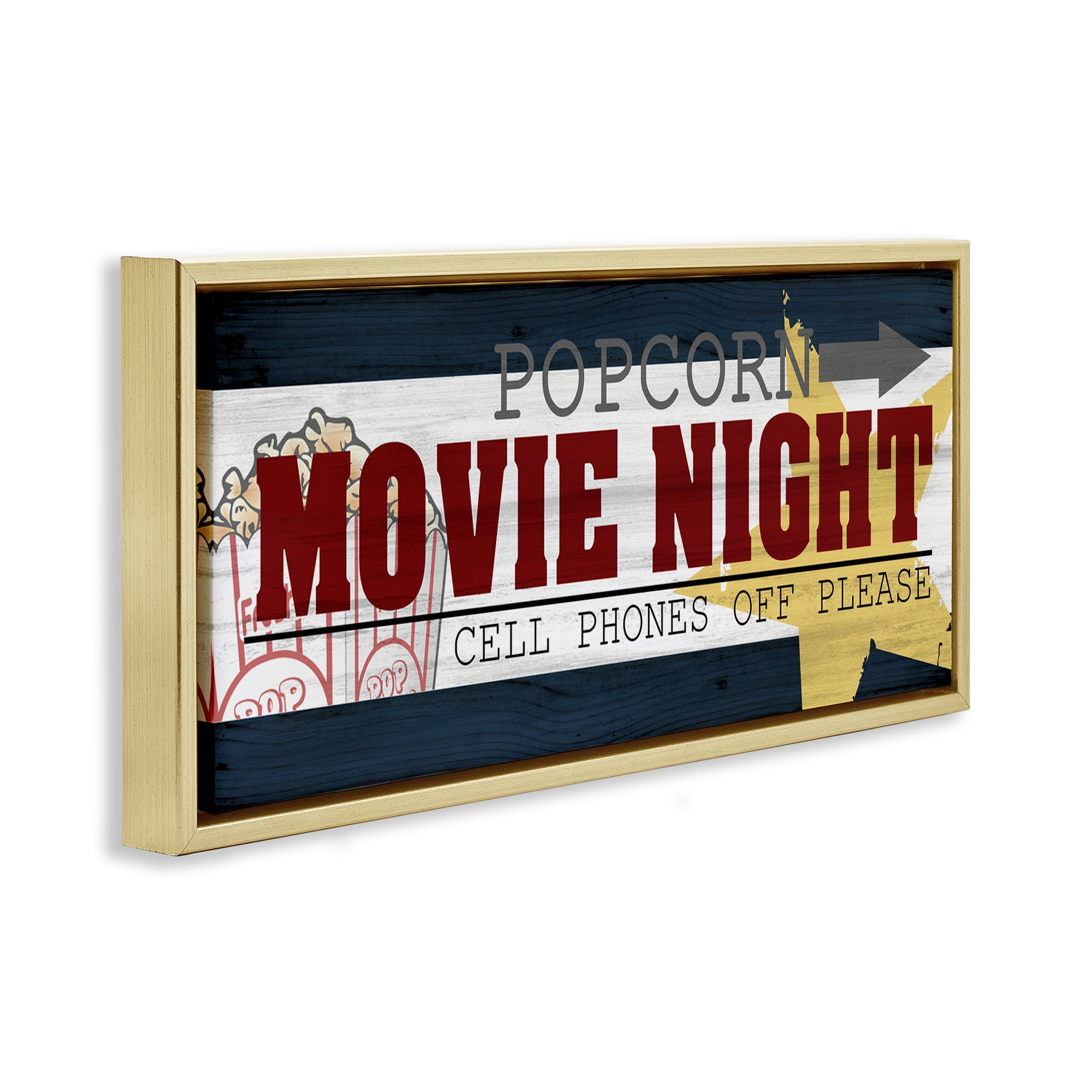 Stupell Industries Movie Night Vintage Sign Typography Painting Gold Floater Framed Canvas Art Print Wall Art, 31 x 14