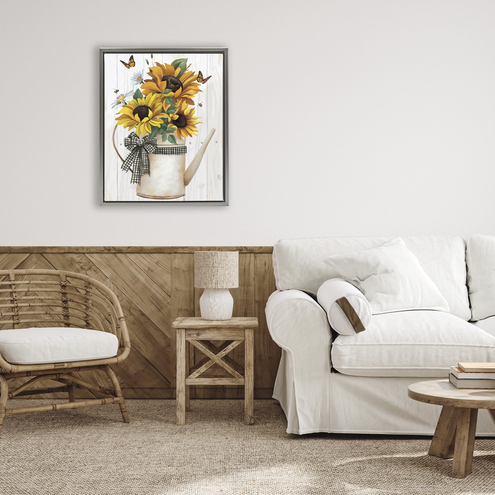 Stupell Industries Sunflower Trio in Watering Can Gray Framed Floater Canvas Wall Art, design by Lucca Sheppard