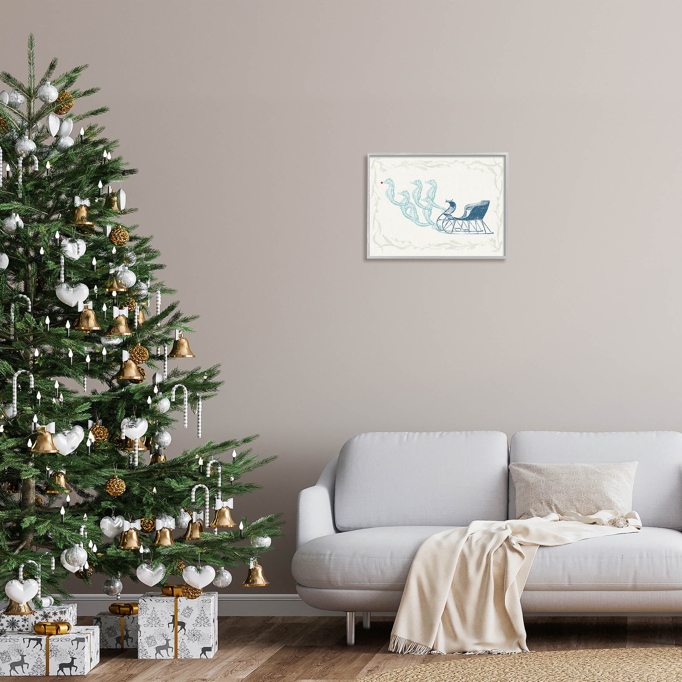 Seahorse Santa Sled Nautical Christmas Holiday Graphic Art Gray Framed Art Print Wall Art